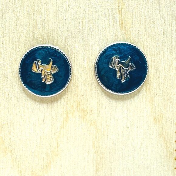 None Jewelry - Western Cowboy Saddle Stud Earrings Silver Tone Blue Enamel Vintage 1980's NEW